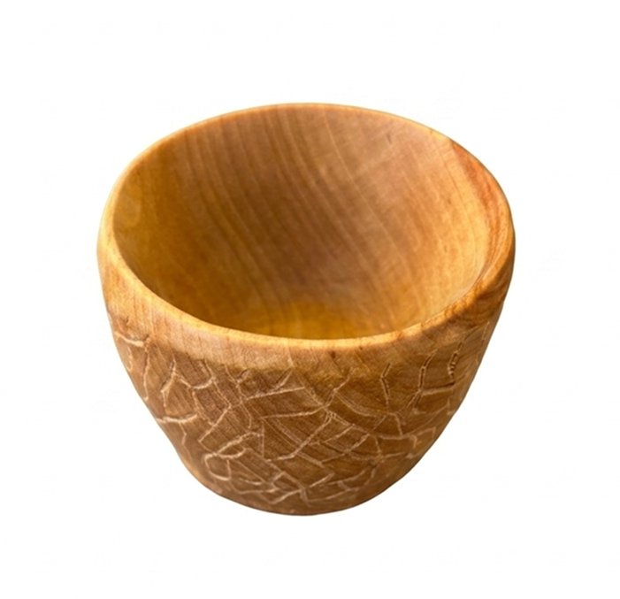 Handcrafted birch cup with engraved pattern