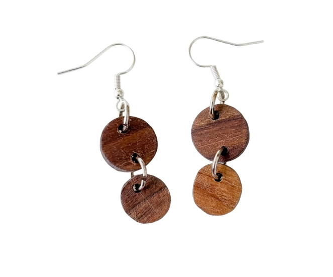 Handcrafted walnut circle earrings with metal ring connection